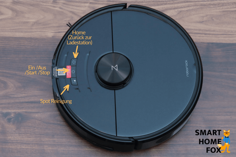 3 Knöpfe auf der Oberseite des Roborock S6 MaxV zur Steuerung des Saugers.